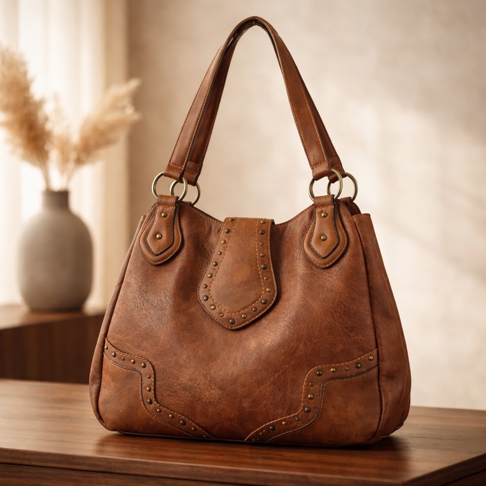 Justin Western Carry Handbag With Dual Zippered Pockets Magnet Closure Brown